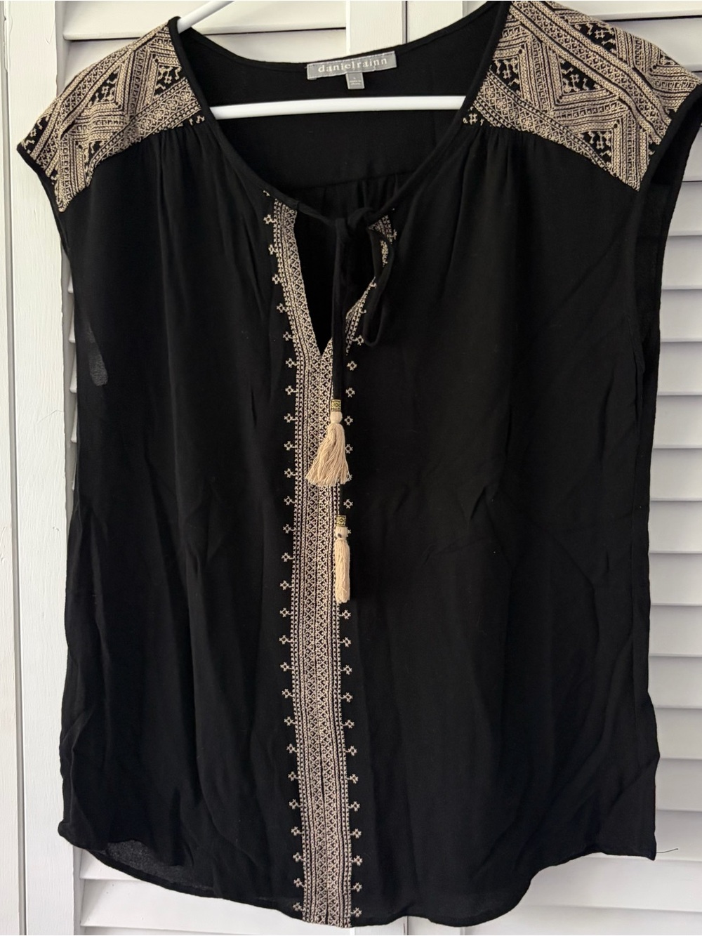 Daniel Rainn Black Blouse with Cream Embroidered Tassel Detail
